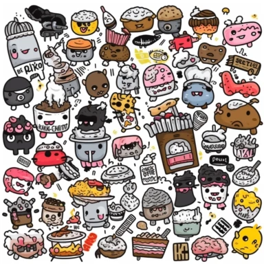 a set of black line clipart inspired by ramen and mutants and killer puppets and Funko Pop toys