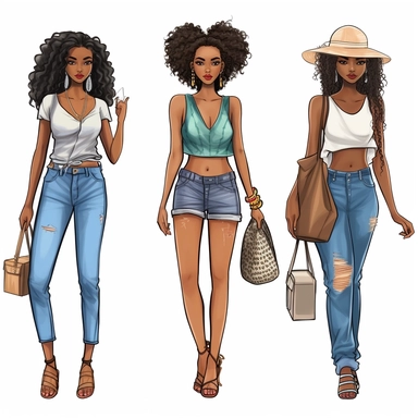 Denim girl clipart, Denim clipart, Fashion girl clipart, wearing denim shorts, brown leather sandals, Jeans Girl Clipart, African American clipart, Afro girls clipart, Clipart, ultra realistic, hand drawn,wearing the white crop tops, all with beautiful bright smiles, Full body. Clothing line, retail fashion, 2023, fashionnova, African american, mid sized models. Highly detailed. very attractive, glamorous, make up beautiful, gorgeous, glowing make - up. full body and heels. multiple outfits. ind