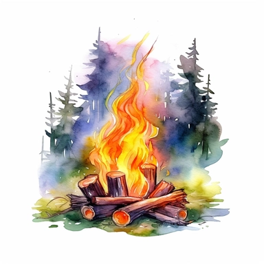 watercolor colorful clipart of a joyful summer campfire, hd, on white background