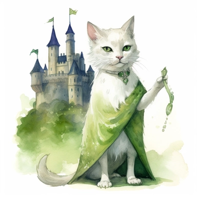 A clipart of a white cat wearing a regal green gown and a crown, holding a scepter and standing in front of a castle as a queen, watercolor style, realistic, bright colors, 300 dpi, 8k, white and clear background