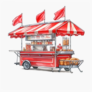 hyper-realistic high-detailed watercolor clipart of a mobile hot dog stand on a white background. The stand should have a sleek and compact design, reminiscent of the iconic New York street style. Depict a streamlined cart with a simple color palette, such as silver or gray, with pops of red accents. Ensure the clipart includes essential elements such as the serving window, grill, condiment area, and a small seating counter if desired. Emphasize the presence of the grill, showing it as a promine