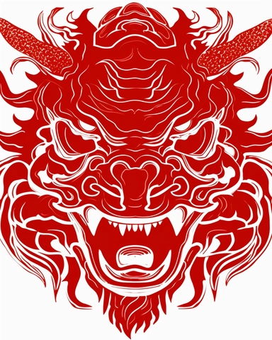 a red chinese dragon head clipart, in the style of woodcut and linocut, in the style of woodcut and linocut, backlight, emotional intensity, indonesian art, heian period, disfigured forms, papua new guinea art，historical illustration, , strong use of negative space, white background, grotesque caricatures, heavy lines, Front view 6K