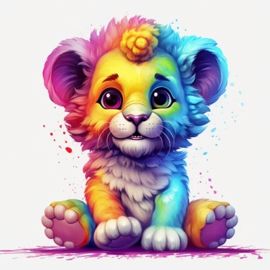 Cute Beautiful Happy Face Rainbow Baby Lion is sitting full body Sublimation Clipart ,Cartoon,hyper realistic, intricate detail, illustration style,high solution,on the white background