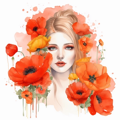 watercolor A woman's face, full body, Poppies - Poppies are bright red or orange flowers with delicate, papery petals. They are often associated with fields of wildflowers and warm summer days. with flowers and leaves adorning her hair. hair up with flowers vividly bold designs png Full body realistic cartoon in 32K UHD cute. 15 cm thick outline. Black color. There was no shadow on the ground. 8k with realistic watercolors. and detailed illustrations. PNG clipart, transparent white background