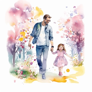 detailed father's day clipart featuring a smiling father and daughter, holding hands while walking in a garden full of vibrant flowers and blooming trees, capturing the love and warmth between them, Watercolor painting, using soft pastel colors and light brush strokes to create a dreamy effect water color father, super cute, solid white background, clipart , fatherhood
