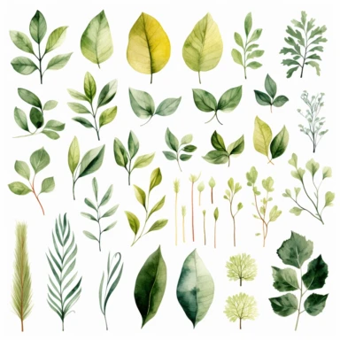 Greenery Watercolor Clipart, White Background, Leafs