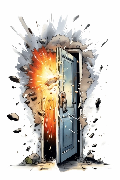 a booby-trapped door, rigged with a hidden trap of explosive charges and gas release, full, no cropping, drawing with broad strokes, in cartoony clipart style, white background, white border