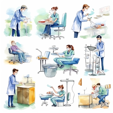 watercolor doctor related scenes  Products for dentists to screen, diagnose & treat patients, illustrations clipart set, simple, , cartoon elements ,different variants , nurse, doctor, ,separate elements with a margin