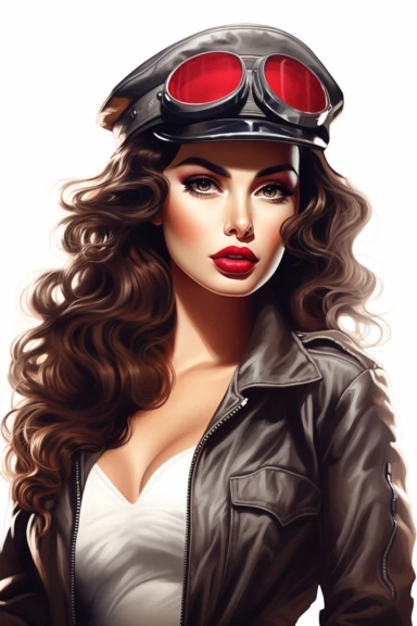 beautiful pretty pin up woman, makeup and hair vintage 50's style, dressed as pilot, paint art style, detail, clipart, white background, superrealistic, one of a kind