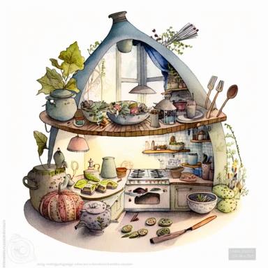 A hyper - detailed illustration watercolor clipart of a whimsical kitchen of a fairy house built out of natural materials by a human, complete kitchen utensil and kitchenware and foods in preparation watercolor illustration, illustration style a combination of Beatrix Potter and Tove Jansson, isolated on white background with margins, cut - out images, zoom on table , close up view