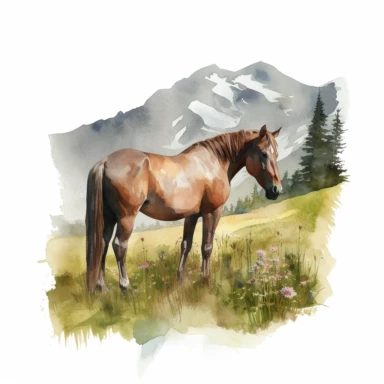 watercolor realistic, horse clipart, high detail, grazing in moutain meadow, white background.