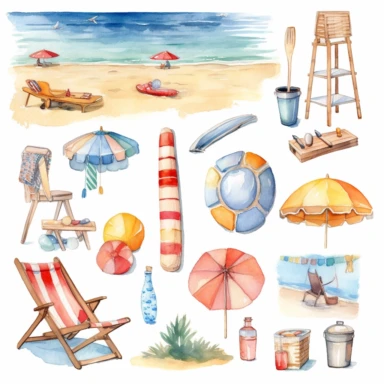 summer beach clipart, white bsckground, watercolor,