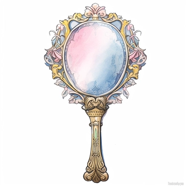 vintage style Detailed light and shadow, 2D outline, A beautifully patterned neo rococo Victorian baroque hyper realistic hand mirror in varying hues of pale pink, blue and yellow, stunningly beautiful, refined and sophisticated, Hand drawn, cicely mary barker ,realistic watercolor, Clipart, emotionally pleasing watercolor, i can't believe how beatiful this is,accurate detailed line art, white background, intricate detail, clean line art, saturated fantasy watercolor