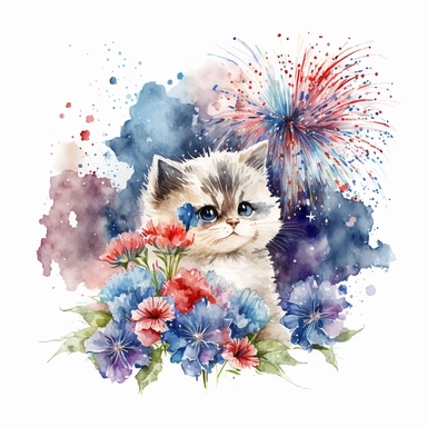 watercolor 4th of july cute playful kitten fireworks flowers clipart, white background