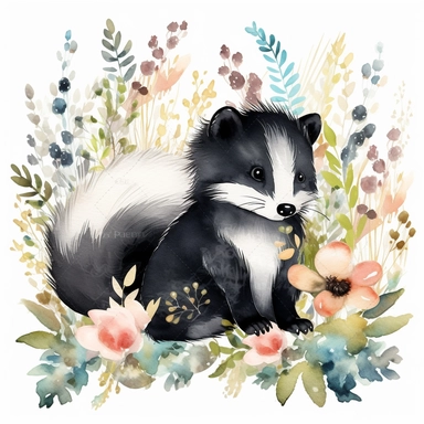 watercolor cute baby skunk in floral valley clipart ar 4:5