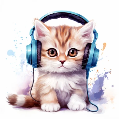 Illustrate a watercolor clipart of a kitten wearing eyeglasses and listening to music, with headphones detailed clipart, white background