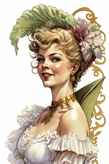 in the style of J.C. Leyendecker, a detailed cute charming carnival lady clip-art image on white background with margins, very fine lineart with watercolor, cut-out image, pastel hues, realistic,