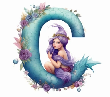 create clipart of children book illustration letter Q with Mermaid fairy in the style of ruth sanderson, baby blue and purple, skottie young, soft-edged, white background