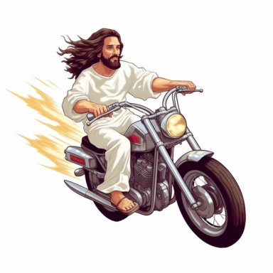 Jesus Christ Is Riding Motorcycle clipart, Cartoon, hyper realistic, intricate detail, illustration style,high solution,on the white background