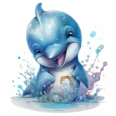 happy cute baby dolphin for kids playing with funny items, cartoon, highly detailed, watercolor, clipart, illustration, digital painting, paper crafting, no signature, no text