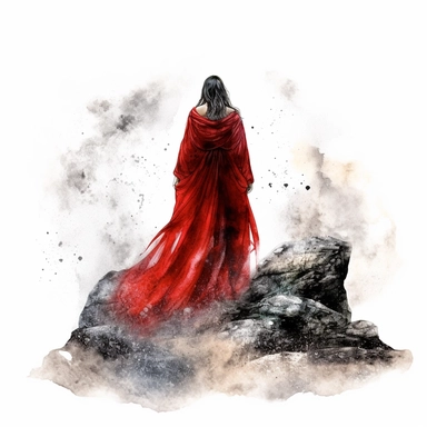 Mhytologic style beautiful impressive black long haired goddess woman wearing red cloak standing on a big rock with watercolor effect,suitable for digital clipart,white background,many twinkles,celtic mhytology scene,warrior style