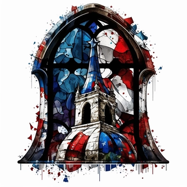 clipart, gothic arched stained glass window with a red white and blue liberty bell, mosaic, watercolor, dark cottagecore, white background, hyper detailed