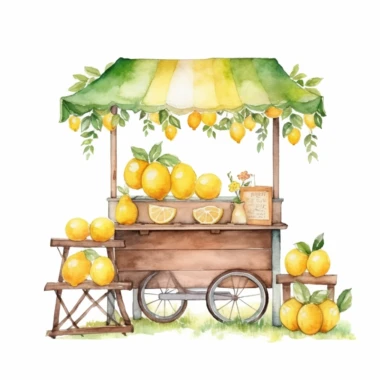 watercolor lemonade counter under the tree clipart, white background