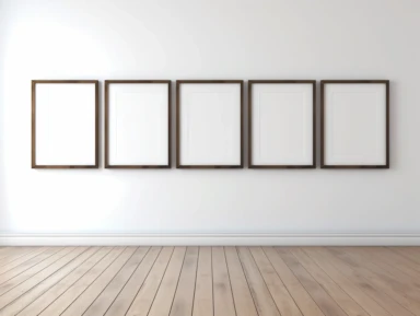 frames leaning against Wall Mockup, warm gray wooden floor, balanced, blank empty frames, luxury home, stock photo file : clipping path, in the style of minimalist illustrator, poster art, bill viola, simplistic cartoon, scott adams, abstract minimalism appreciator, 4k