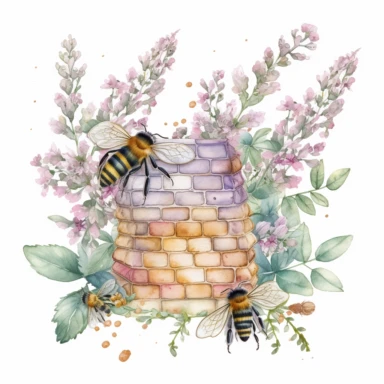 Watercolor illustration of a bee hive, a flying bee, add lavender and pink flowers with green leaves, add yellow and gold watercolor splash in the background, hd, white background, clipart--ar3.2--s1000