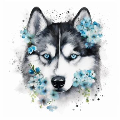 watercolor funny create kawaii marbled black ,silver, teal, chibi Alaskan Malamute with blue eyes forgetmenot flowers with babysbreath clipart, isolated on white background,space out--ar3:2--s1000