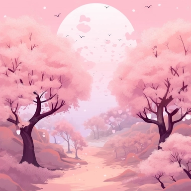 vector illustration of Spring Cherry Blossom trees landscape in pink pale background surreal, fairytale ascent clipart.