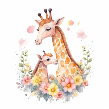 Cute floral illustration, realistic adorable baby Giraffe hugging his mom happy clipart, nursery style clipart, Nursery Animals Art, Kids Wall Art, Kids Room Decor, Baby Room Decor, isolated on white, ultra - detailed, high quality, ghibli style, award winning