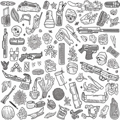 crime drugs mayhem and violence as corporate clipart icons, black line art icons