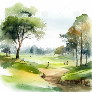 Idyllic watercolor clipart of golf fairway scene with golfers playing in Springtime on isolated on a pure white background--ar 1:1