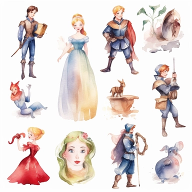 Watercolor snowwhite , illustrations clipart set, simple , cartoon elements, fairy tale theme and elements, different characters, handsome blonde prince, the huntsman, the evil queen, different variants , , separate elements with a margin