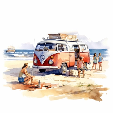 A beach party with surfboards, beach blankets, and people enjoying the sun and waves in their vintage swimsuits, VW T2 camper, american style, watercolor, clipart
