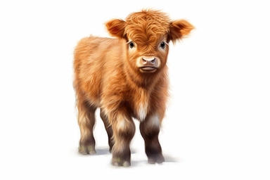 detailed watercolor illustration of a cute highland calf, clipart, plain isolated white background, 8k ultra detail high sharpness