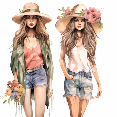 Country Girl Watercolor, Boho Girls clipart, Digital Watercolor Illustration Girl, Girl Flowers Clipart, Watercolor Fashion Girl