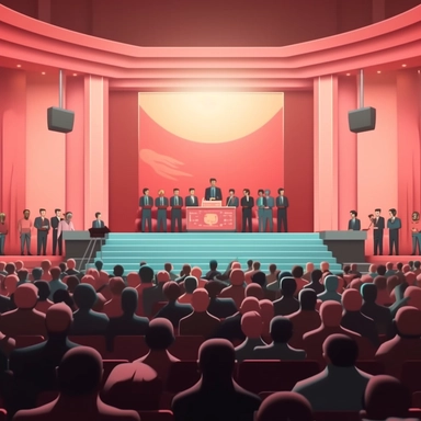corporate clip art style background animation podium on a stage with a crowd below listening