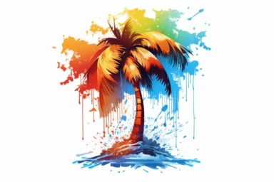 artwork of t shirt graphic of majestic palm tree in painting style of Leonid afremov, island, sea waves, water splashes, white background, colorful shades, highly detailed clean, vector image, photorealistic masterpiece, professional photography, realistic, flat white background, isometric, vibrant vector, clipart, illustration, realism, 4k, surrealism, cinematic, front view, white background