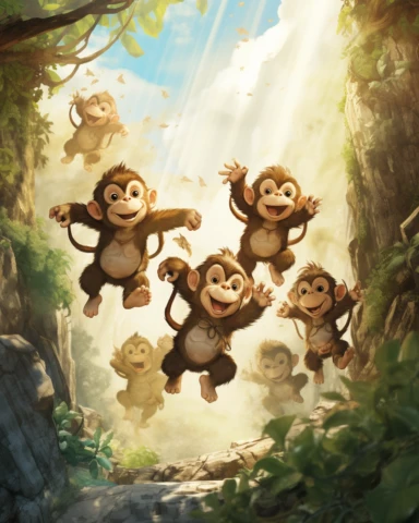 Nine little monkeys jumping all around the jungle, Swinging and leaping, never touching the ground, watercolour clipart, children's storybook illustration,