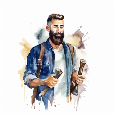 close shot of a man with beard and stylish haircut, barbar, holding sizer and barbar stuff, water color clipart, White background