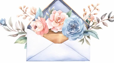 Maggie Holmes style, open envelope with flowers, clipart, white background