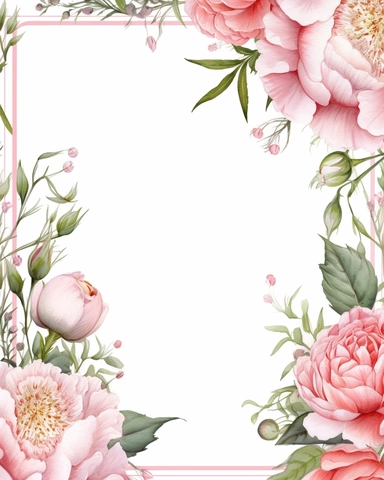 detailed watercolor rectangular pink peony flower border with line and with wide middle white space, realistic, clipart