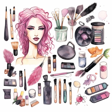 watercolor, cosmetics and beauty icons in trendy linear style - set of signs related to wome png Full body realistic cartoon in 32K UHD cute. 15 cm thick outline. Black color. There was no shadow on the ground. 8k with realistic watercolors and detailed illustrations. PNG clipart, transparent white background