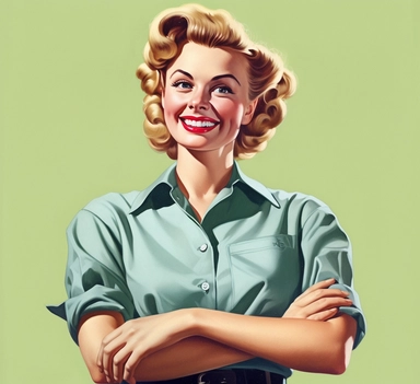 1950s vintage worker clipart retro woman smile png, in the style of green and azure, realist portraiture, associated press photo, realist: lifelike accuracy