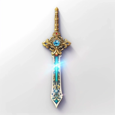 Create a mesmerizing clipart of a legendary sword against a pristine white background. The sword should be forged with exquisite craftsmanship, with an adorned hilt featuring intricate patterns and gemstones. Depict a radiant glow along the blade, hinting at its mythical powers.