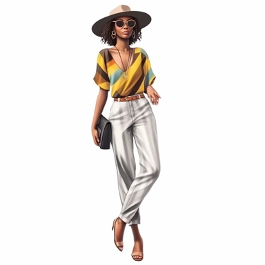 realistic illustration of Fashion-forward African American woman: Illustrate a clipart of a stylish African American woman wearing fashionable clothing and accessories. Showcase her confidence and individuality through her outfit and pose. clipart, isolated on white background, 4K