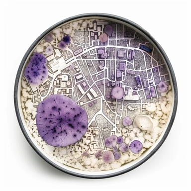 top-down view of a round scientific culture dish containing a simple map of a city block made with white fungal mycelium threads for the roads, a few major landmarks are small purple mushrooms, clean white background, iconic, clipart style