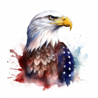 cartoon watercolor american flag with an eagle, very detailed, clipart, modern style, white background, 8k